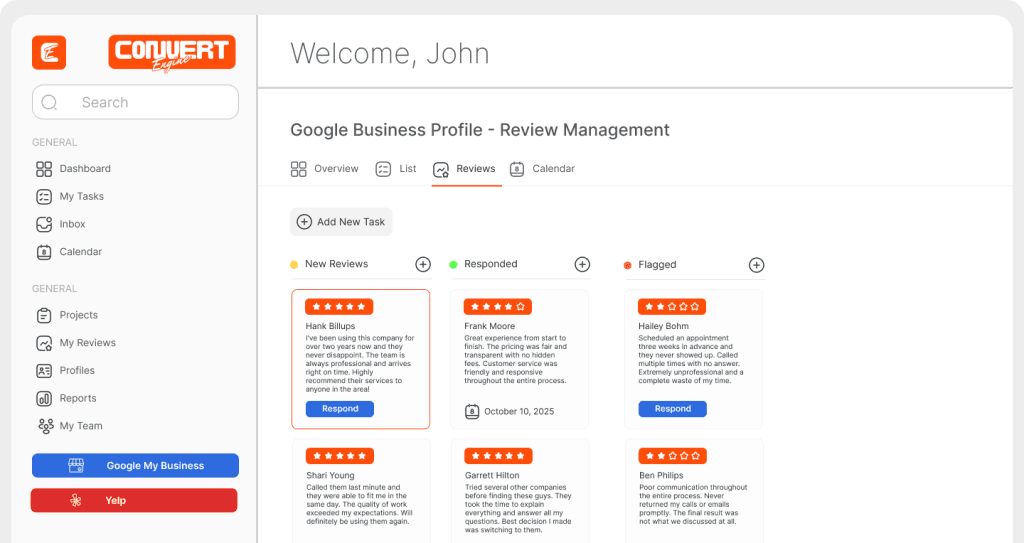 Review Engine dashboard — Google Business Profile review management